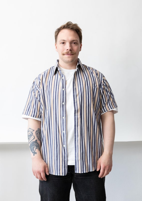 90s Awning Stripe Shirt Vintage Navy Tan Oversized Cotton Button Up Size M