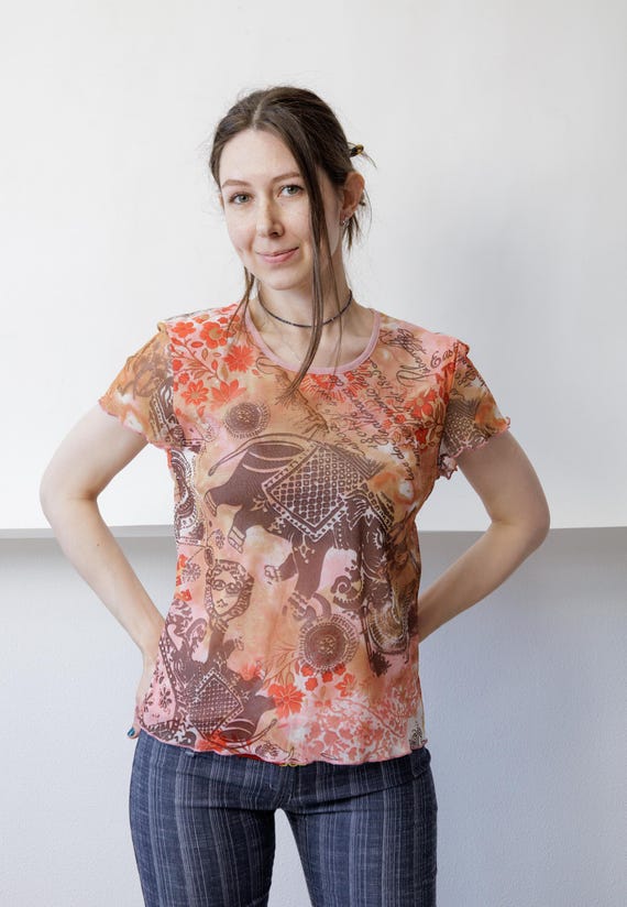 Y2K Sheer Mesh Top Elephant Floral Print Pink Cap Sleeve Fitted Boho Tee S