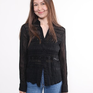 90s black sheer blouse, vintage sequins cocktail blouse, Size M