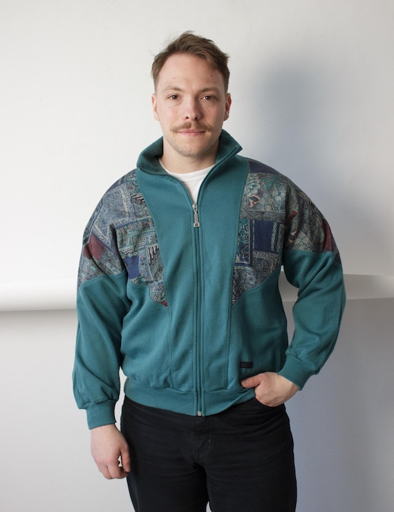 90s Teal Fleece Jacket Vintage Folk Paisley Panel Full Zip Bomber Size L