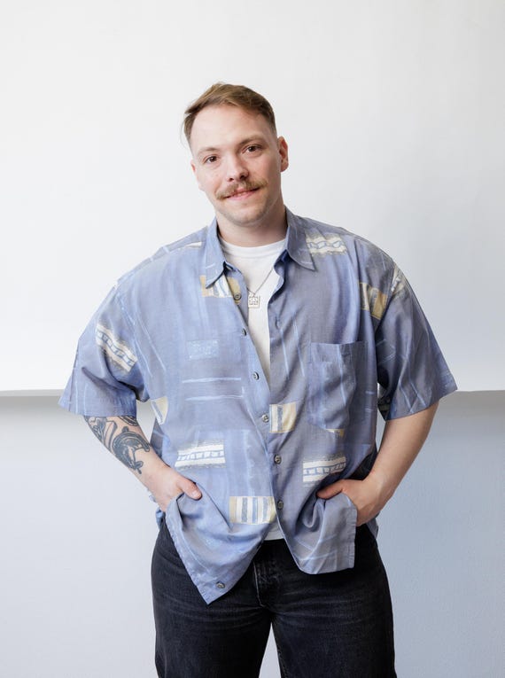 90s Blue Abstract Print Shirt Vintage Short Sleeve Oversized Geometric Boxy Button Up XL