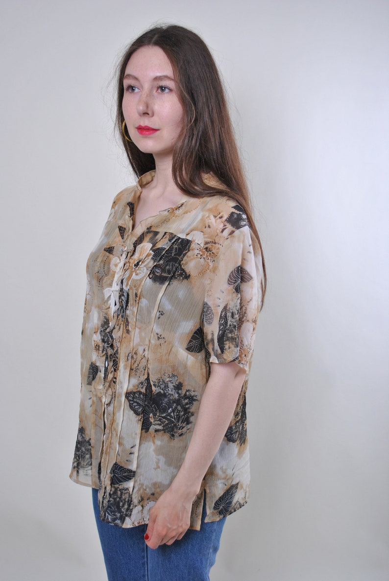 Women vintage beige floral print summer short sleeve blouse Size XL
