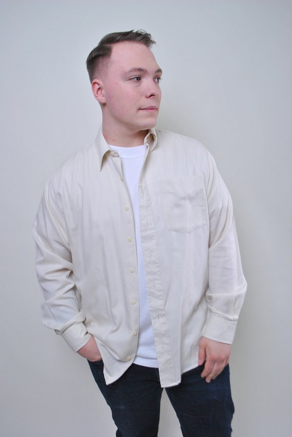 Vintage minimalist beige shirt, retro men button … - image 1