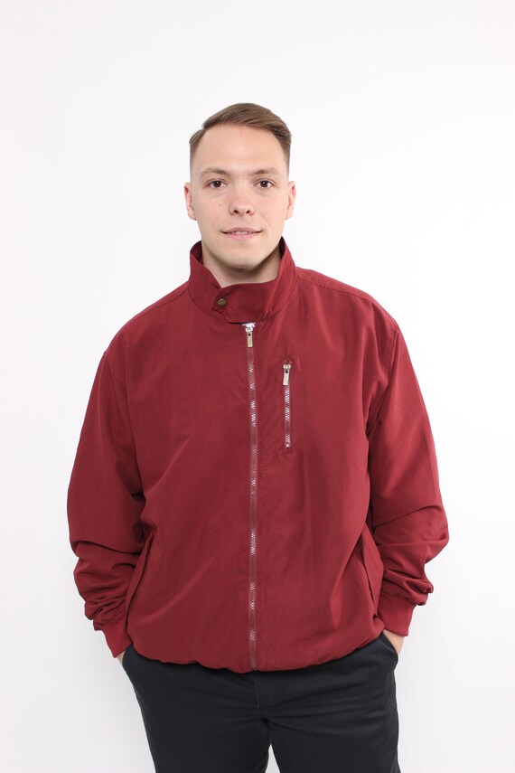 90s Burgundy Bomber Jacket Vintage Stand Collar Zip Chest Pocket Blouson Mens Size XXL