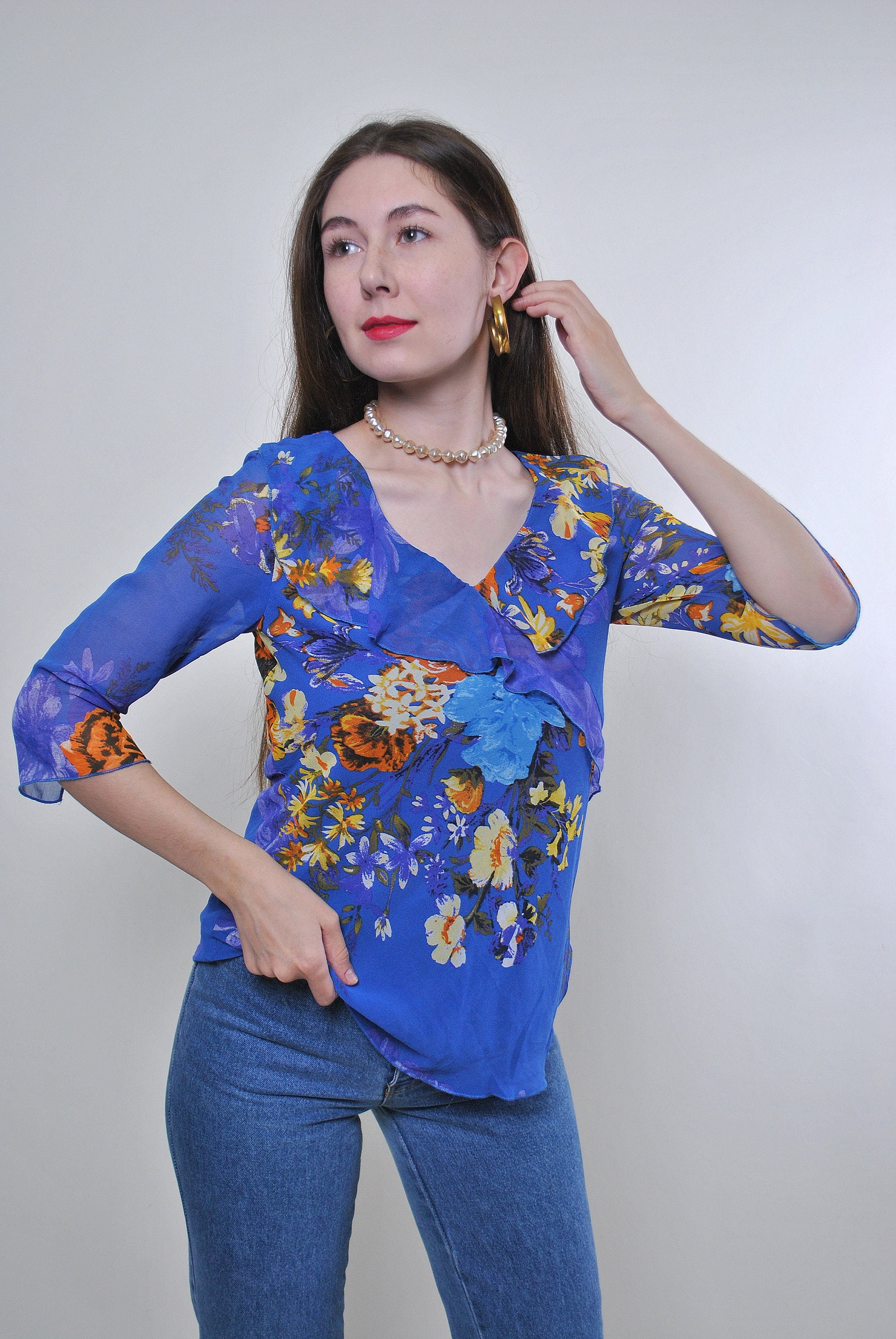 Big Collar Vintage Blue Blouse With Flowers Print Size M Etsy