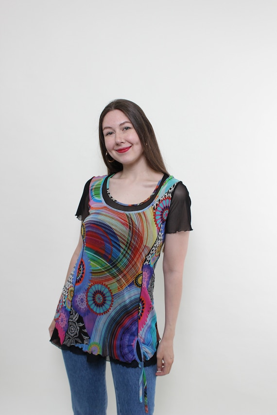 Y2K Abstract Multicolor Blouse: Sheer Sleeve Pullover, Size M