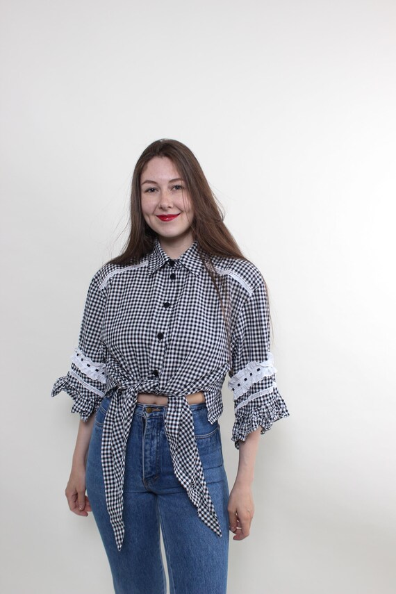 Vintage Gingham Blouse, Black White Check Cotton Shirt, Cottagecore Lace Top, Size L
