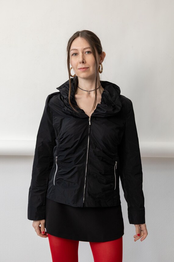 Y2K Black Ruched Zip Jacket Vintage Draped Cowl Collar Lightweight Windbreaker Size M