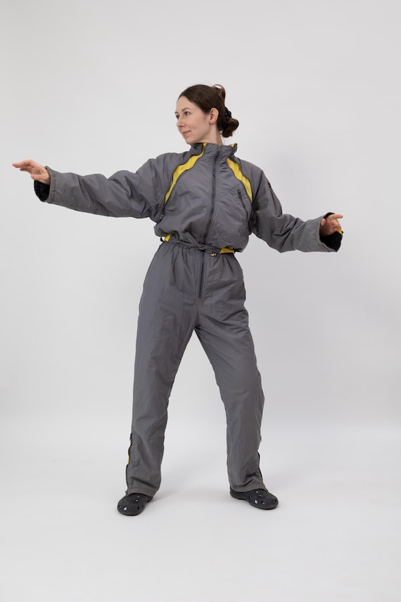 80s Grey Yellow Zip Vent Ski Suit Tie Belt One Piece Snowsuit M