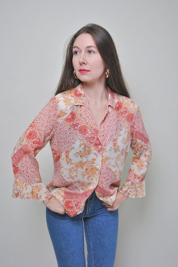 Linen boho shirt, women floral blouse form 90s 80… - image 5