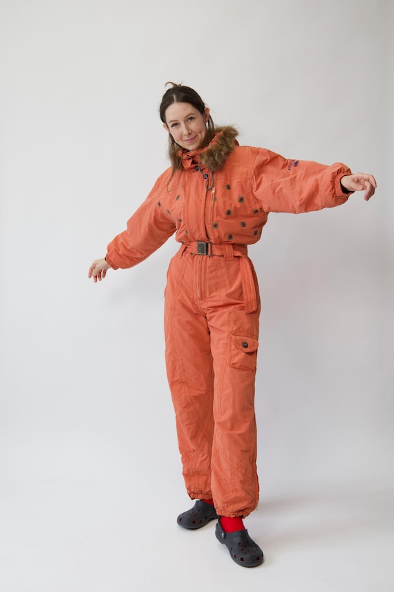 Vintage Anzi Besson Orange Ski Suit Faux Fur Hood Size S/M