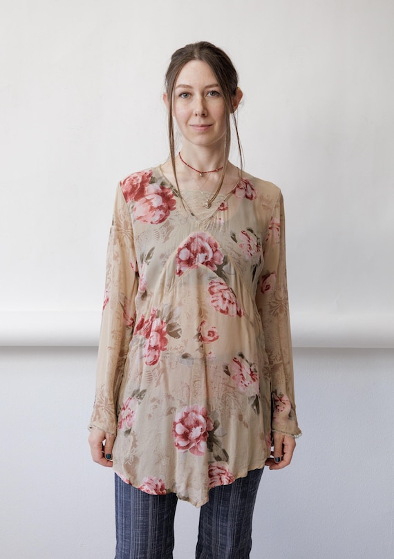 90s Sheer Rose Chiffon Tunic Vintage Handkerchief Hem Lace Trim Floral Blouse Size M