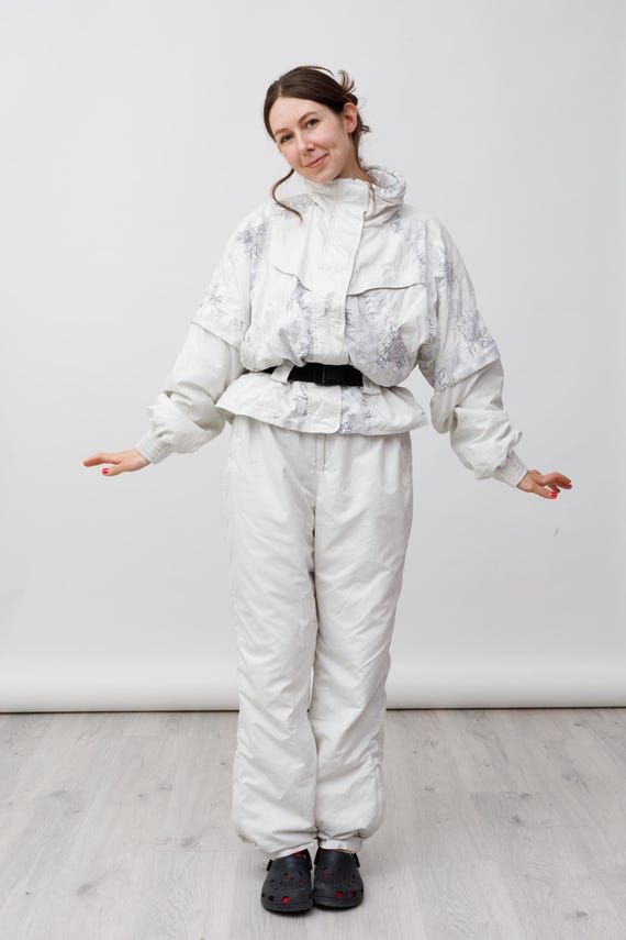 White Silver Ornament Print Peplum Belted Vintage Ski Suit Jumpsuit with Hood Size L