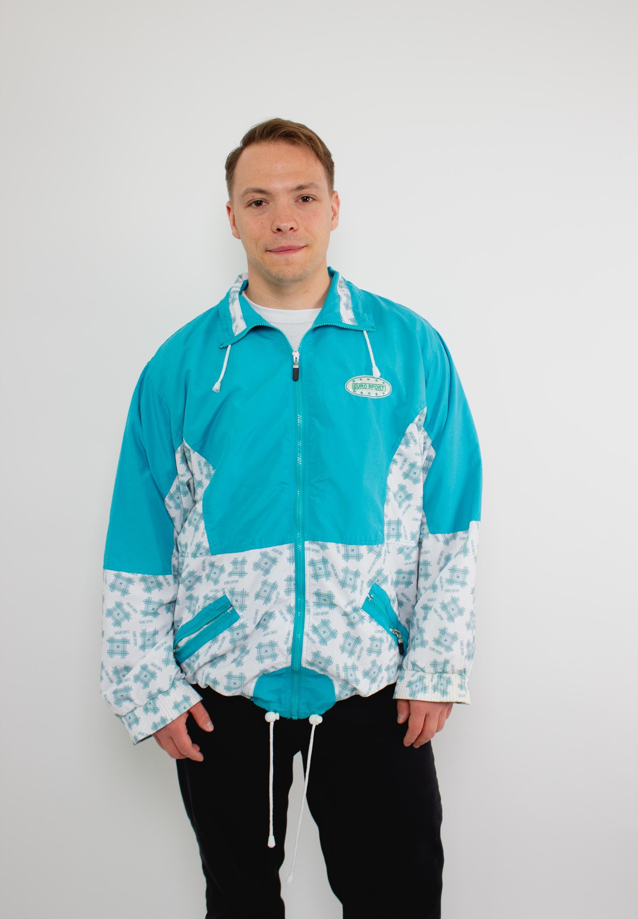 Vintage 90s Turquoise White Windbreaker Jacket, Retro Lightweight