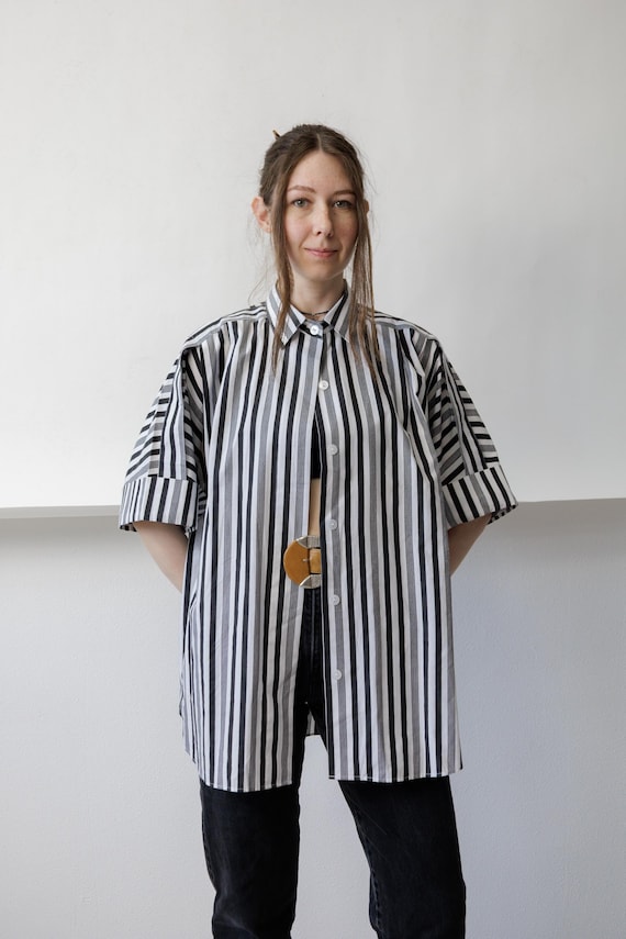 90s Black White Stripe Oversized Shirt Vintage Bold Vertical Mixed Stripe Blouse Size L