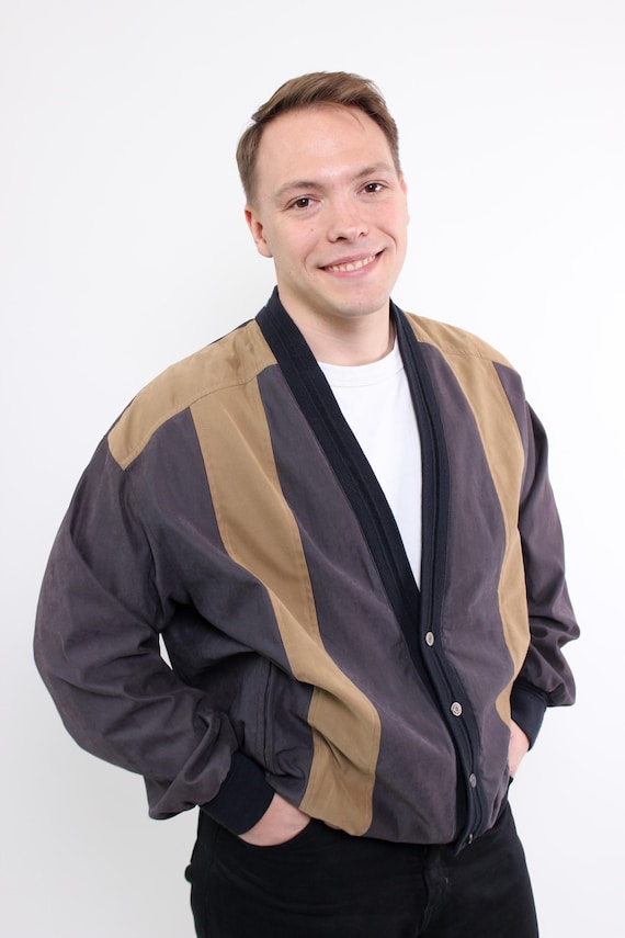 Patchwork Wool Bomber Jacket 90s Retro Colorblock Striped Jacket, Size L