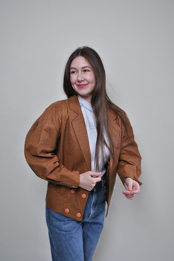 Vintage 90s Snake Print Leather Jacket Women M Cropped Bomber Brown Biker Jacket