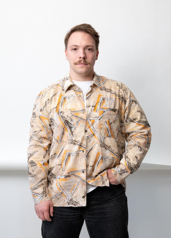 80s Abstract Brushstroke Print Shirt Vintage Beige Orange Button Down Size L