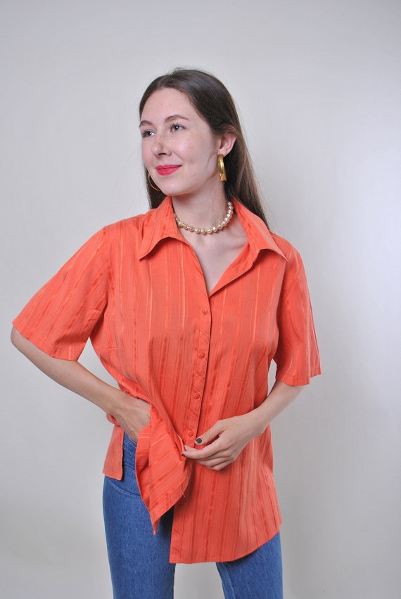 90s Rust Orange Striped Blouse Vintage Textured Tonal Button Up Short Sleeve Size L