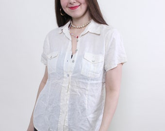 90s minimalist summer shirt, vintage button up top, light short sleeve linen blouse, Size M