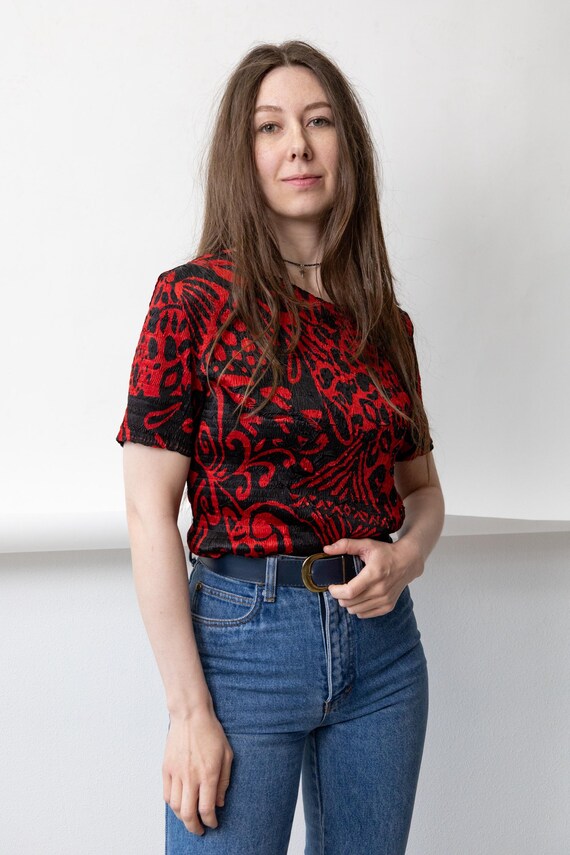 Y2K Red Black Crinkle Sequin Top Vintage Leopard Baroque Whimsigoth Blouse Size  M