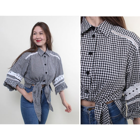 Vintage 90s ethnic blouse, plaid lace blouse, but… - image 1