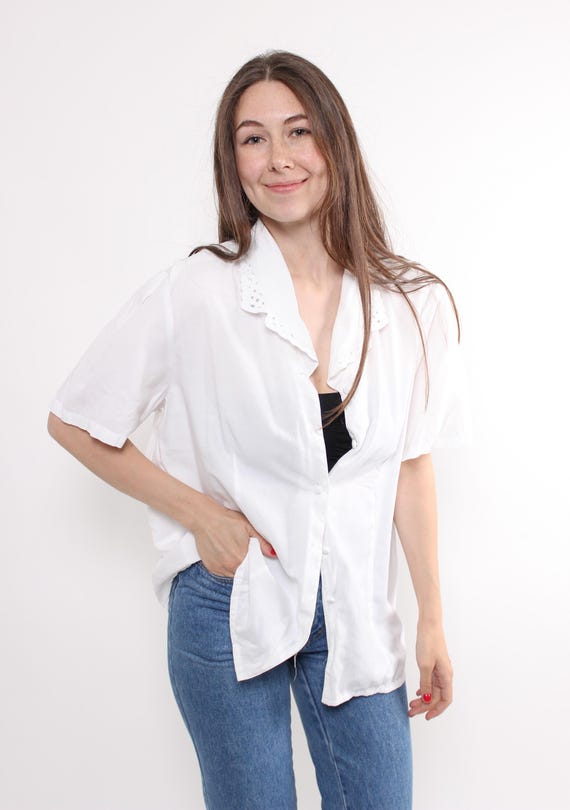 Vintage Embroidered White Blouse, 90s Retro Cottagecore Puff Sleeve Shirt Shoulder Pads, Size L
