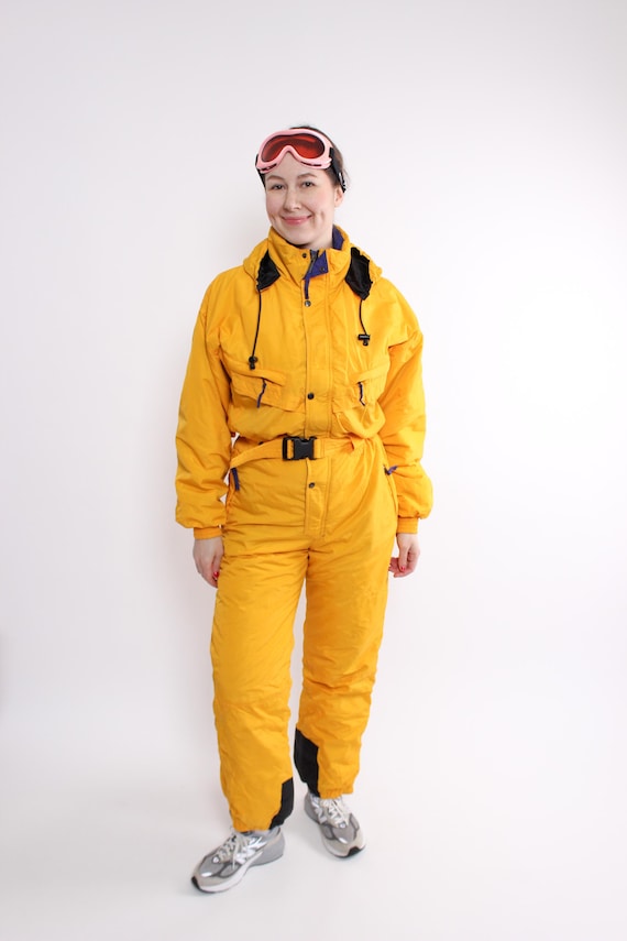 Vintage 90s One Piece Ski Suit: Retro Women Yellow Snowsuit, Size M