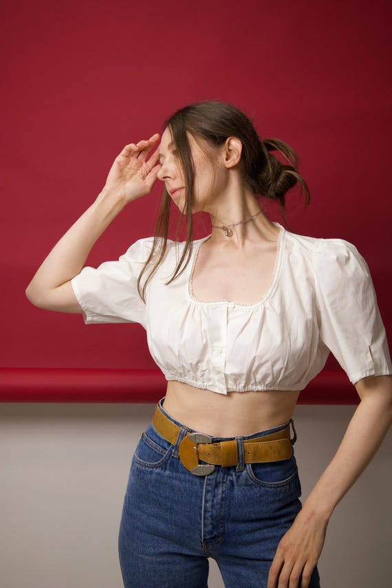 Vintage White Puff Sleeve Crop Top Lace Trim Size S