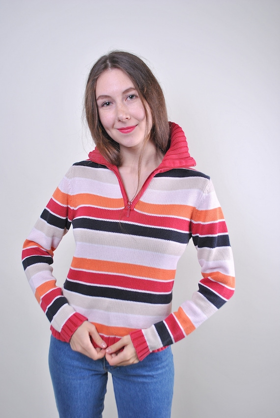 90s high neck zip up sweater, vintage multicolor striped pullover sweater, Size S
