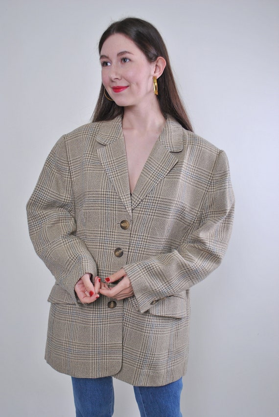 Women vintage oversized plaid minimalist blazer, O