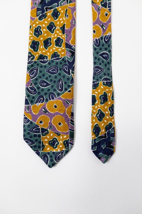Postmodern Print Silk Tie Abstract 80s Geometric Mustard Purple Vintage Mens Tie