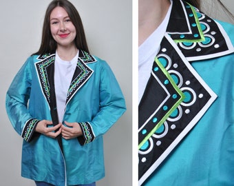 90s traditional silk jacket, vintage silky ethnic blazer, woman 1990s fashion embroidered sea blue jacket lightweight, Size L