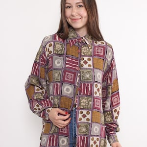 80s bohemian art print blouse, vintage abstract floral pattern blouse, Size L