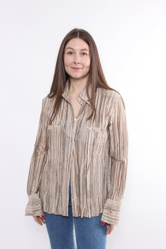 90s Vintage Striped Print Blouse - Beige Multicolor Button Up, Size M