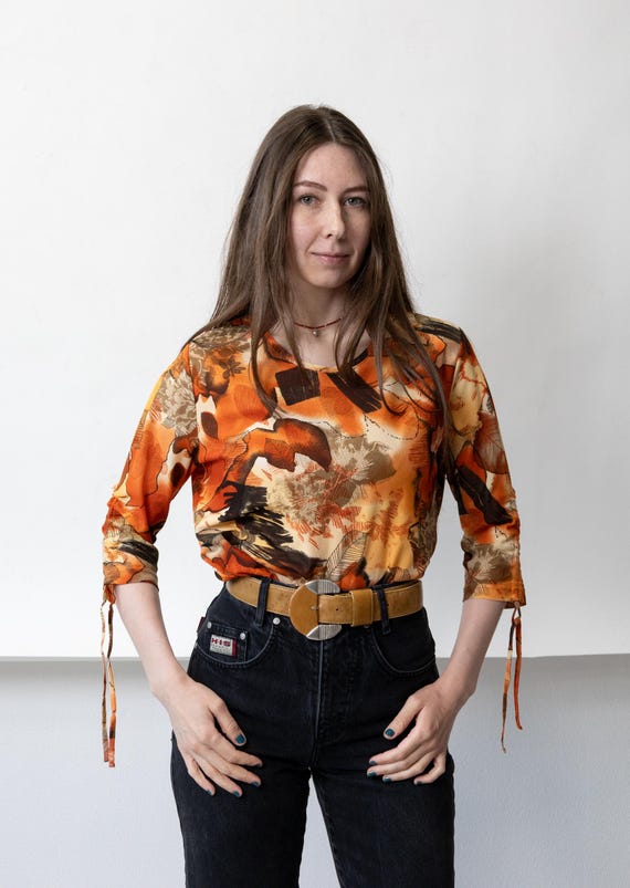 Y2K Sheer Mesh Top Orange Abstract Print Tie Cuff 3/4 Sleeve Blouse Size L