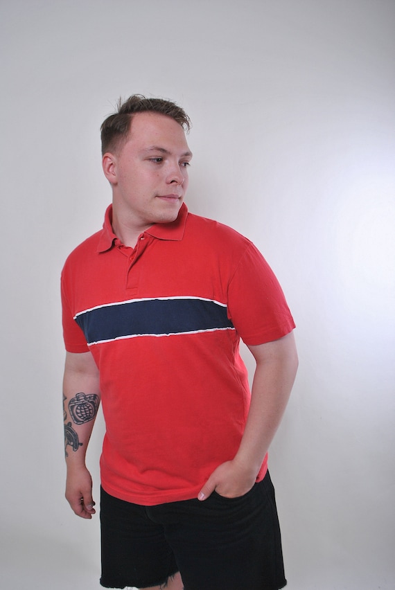 Vintage 90s Red Polo Shirt with Blue Stripe - Size M
