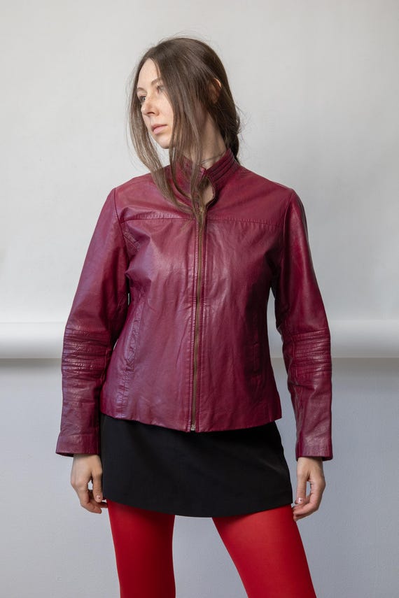 90s Burgundy Leather Cafe Racer Jacket Quilted Elbow Panels Band Collar S