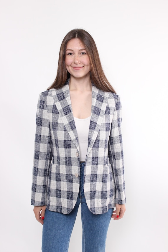 90s plaid cotton blazer, vintage casual patterned jacket, Size M