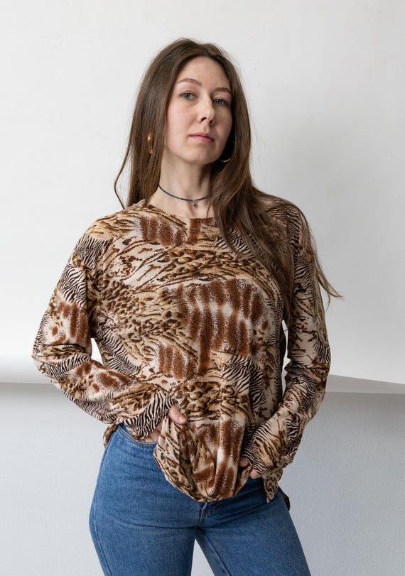 90s Animal Print Brown Blouse Vintage Oversized Long Sleeve Tunic Top Size XL
