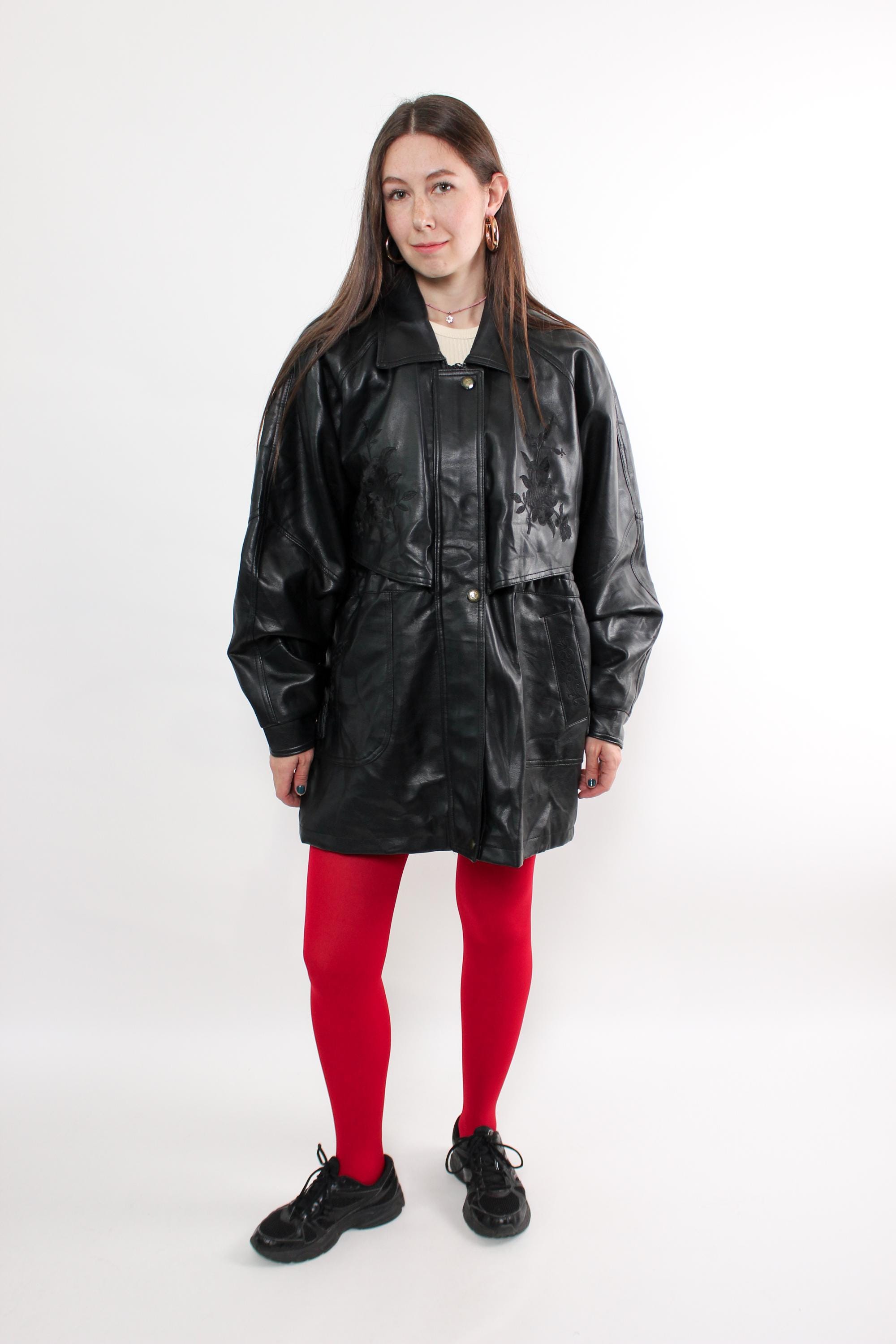 90s Black Leather Jacket , Vintage Women's Oversized Long Coat