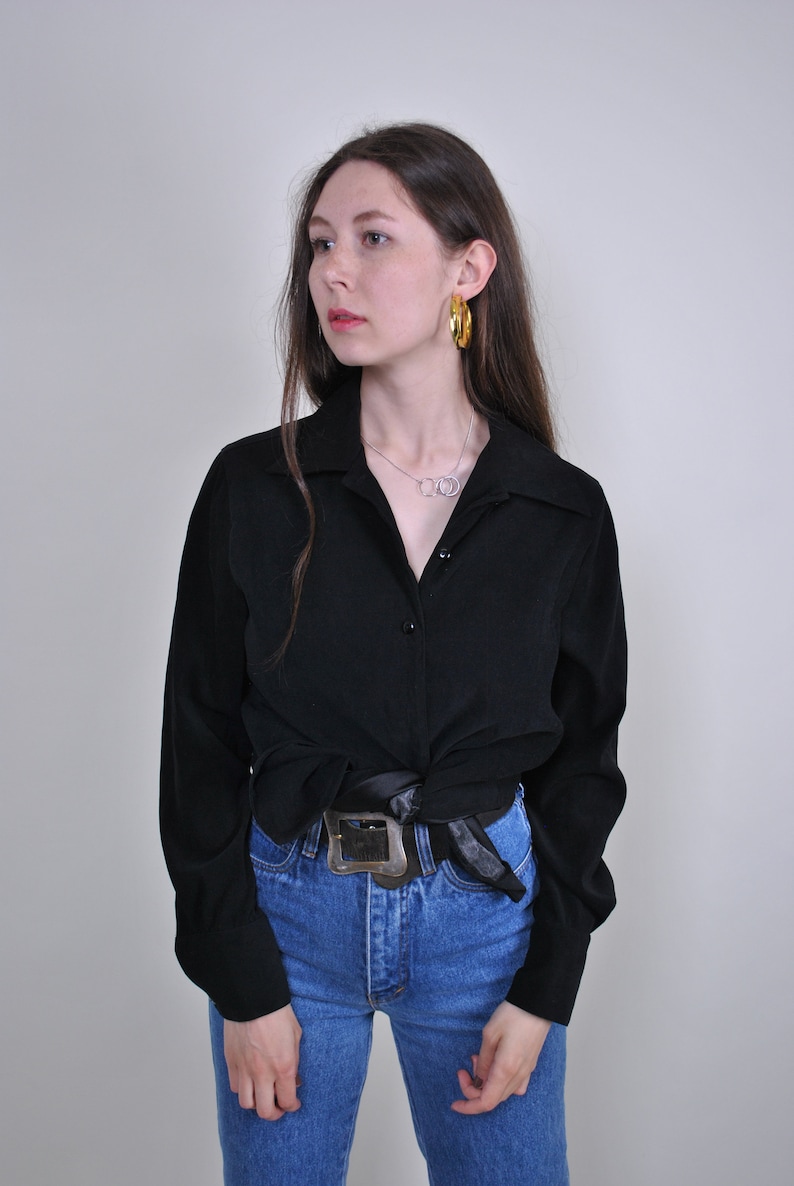All Black Color Buttons up Shirt 90s 80s Vintage Womnes wmns Retro Long Cloak Oversize One color Long sleeve Shirt Spring Summer Outfit
