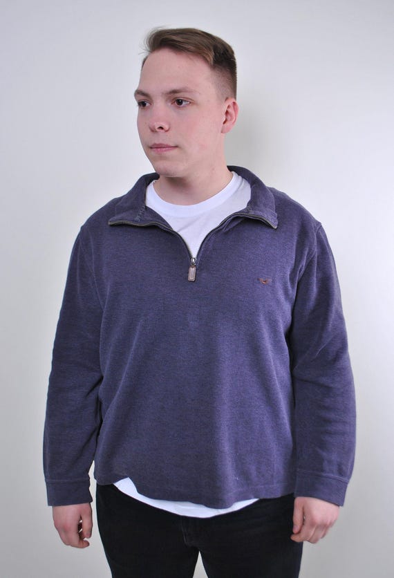 Navy Quarter Zip Sweatshirt 90s Cotton Ribbed Pullover Men M