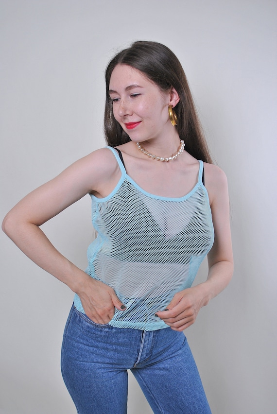90s Vintage Blue Mesh Tank Top, Rave Sportswear (Size M)