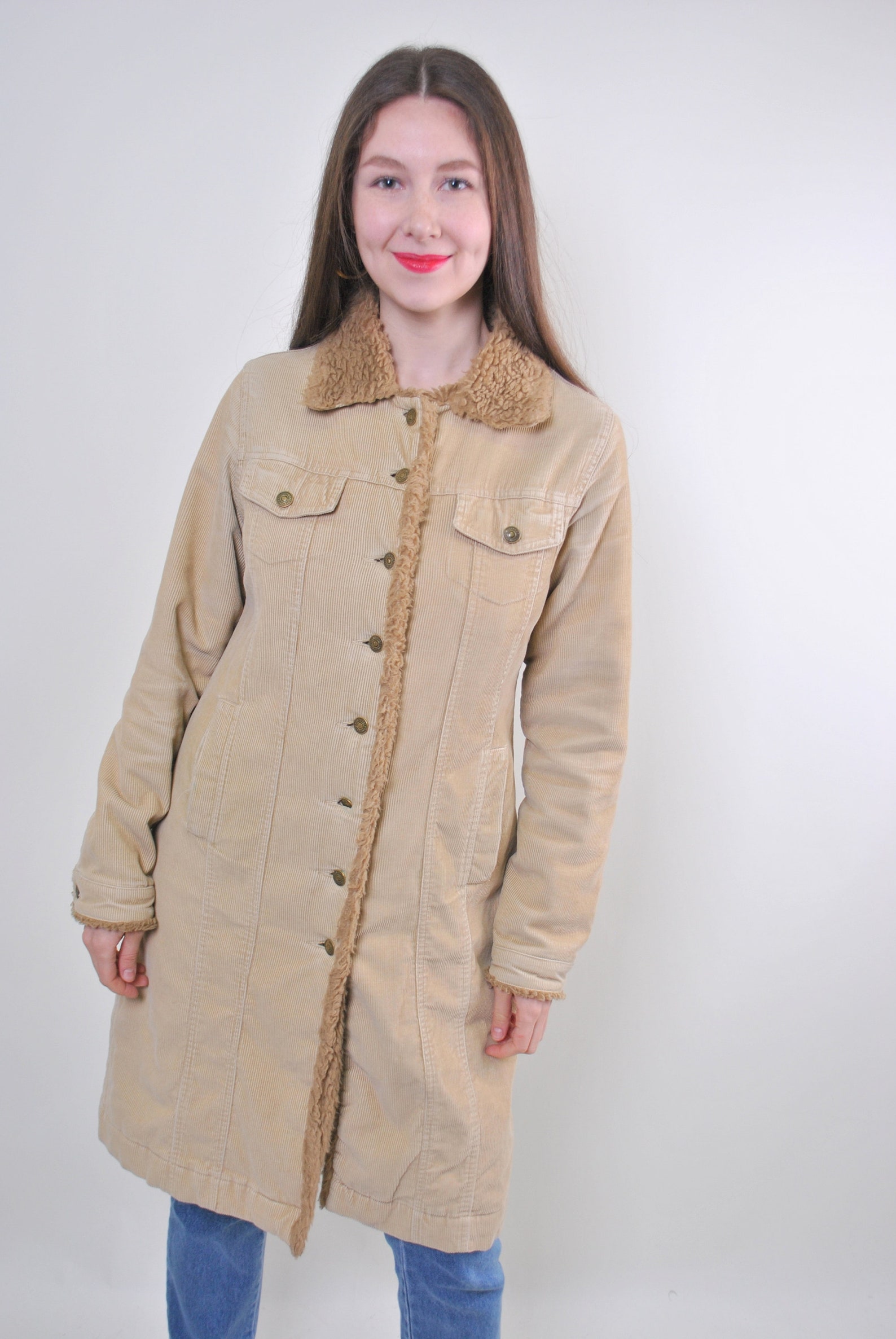 Women Retro Beige Corduroy Long Autumn Coat Jacket Size M Etsy