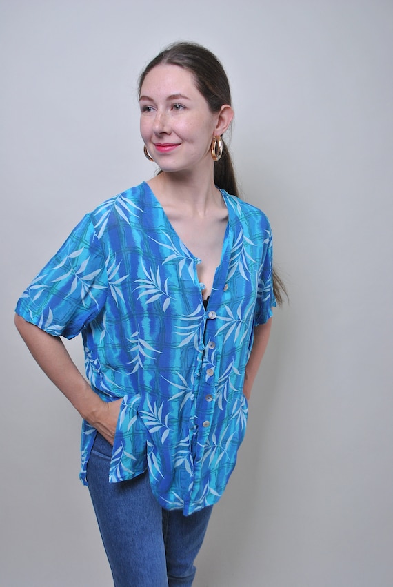 90s floral blouse in blue, vintage summer blouse, vocation button up shirt, Size L