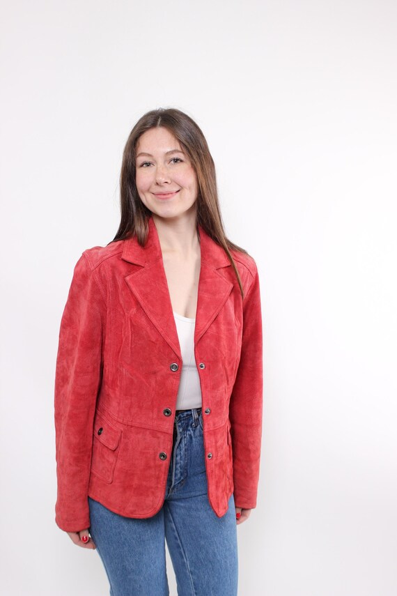 Vintage 90s Red Leather Blazer, Fitted Minimalist Spring Jacket, Size L