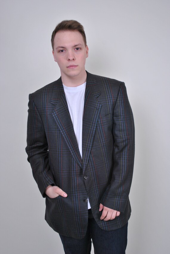 Vintage Plaid Blazer: 90s Check Pattern Suit Jacket, Size L