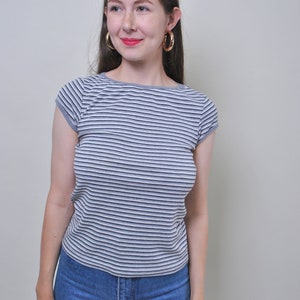 Vintage striped grey blouse, 90s minimalist women shirt, Size M