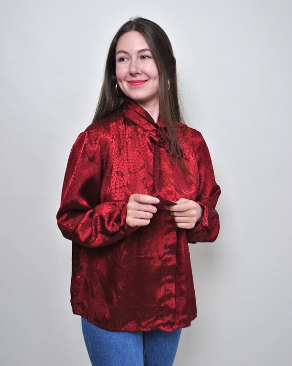Burgundy Jacquard Pussy Bow Blouse, 80s Satin Abstract Pattern Formal Shirt, L
